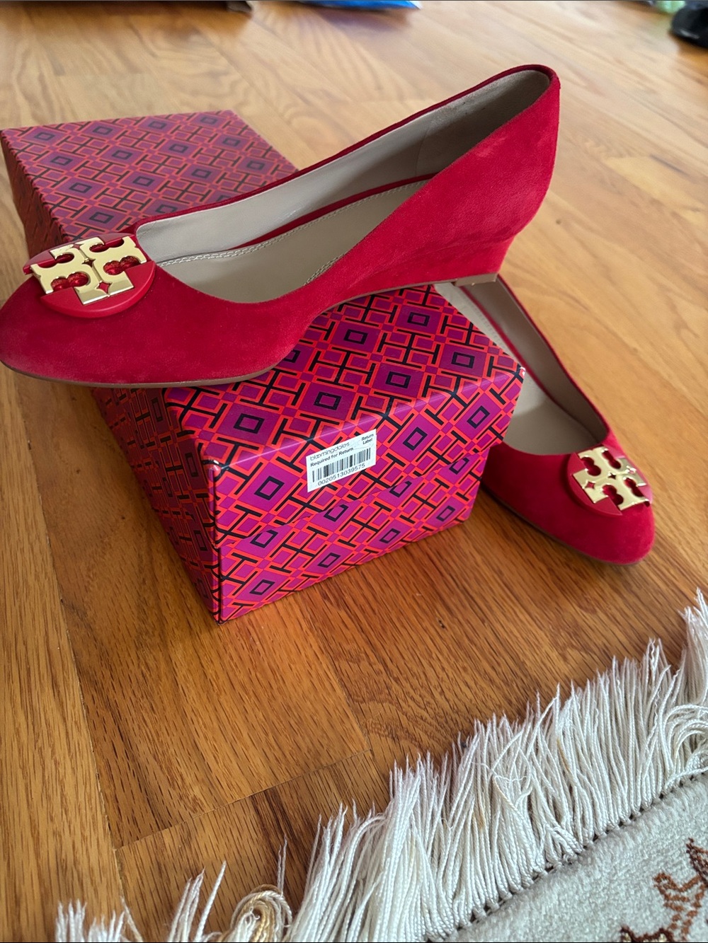 Tory Burch Red Suede Wedge Pumps with Gold Logo Accent